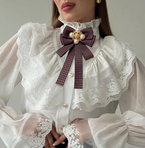 Image of Layered Shell Pearl Bow Pre-Tied Brooch for Women Girls Elegant Love Heart Gold Plated Black White Houndstooth Bowknot Tie Brooches Lapel Pins Corsage Collar Ceremony Holiday Dress Accessories