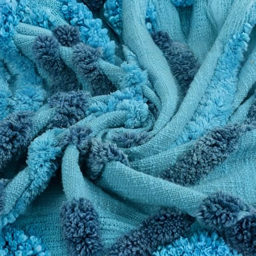 Image of 100% Handloom Aqua & Blue Cotton Sofa Throw | 50x60 inch Soft Lightweight Boho Blanket for Sofa & Bed | Decorative All-Season Couch Cover with Tassels