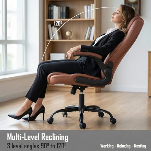 Image of DROGO Aurum Ergonomic Office Chair for Work from Home | Computer Chair for Study | PU Leather Executive Boss Chair with Flip-Up Armrest, Wide Cushion Seat (Brown)