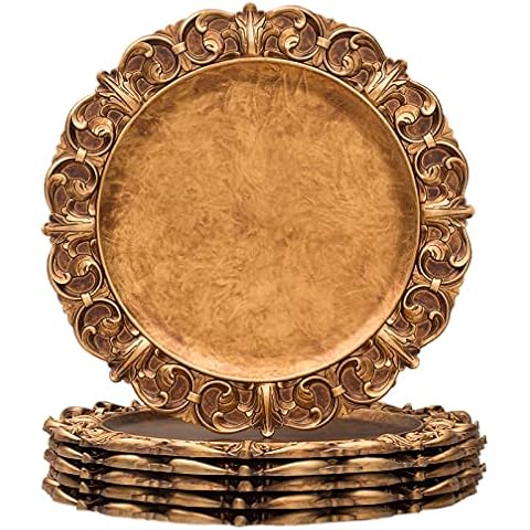 MAONAME 14" Antique Gold Charger Plates with Embossed Rim, Plastic Large Plate Chargers for Dinner Plates, Set of 6, Holiday Table Setting Cover