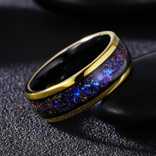 Men's Tungsten Carbide Ring with Blue & Purple Opal Inlay - 8mm Smooth Wedding Band, Gold Accent Comortable Fit2