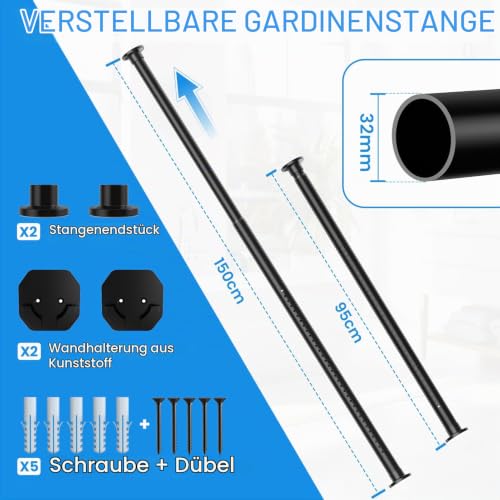WELDUN Gardinenstange ohne Bohren 98-150cm Vorhangstange ohne Bohren Φ32mm Duschvorhangstange inkl 2 Wandsockel Teleskopstange Klemmstange… – Ansicht 4