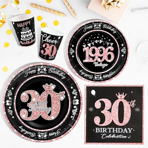 Image of 30th Birthday Decorations Rose Gold, Service for 30, Vintage 30th Birthday Party Supplies Includes Rose Gold 1996 Plates, Napkins,Cups, Plates and Napkins for Women