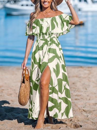 Image of CUPSHE Women Ruffle Floral Maxi Summer Dress Off Shoulder Short Sleeve Backless Flounce Bodice Slit Hem Beach Dresses