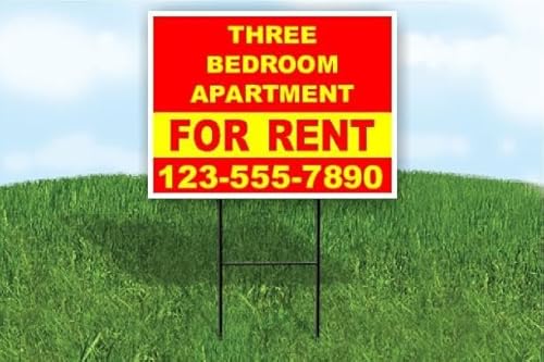 Three Bedroom Apartment For Rent Red Yellow Customizable Yard Sign Double Sided 18 in. x 24 in. with Stand | Add Phone Number Email Business Name or Personalized Message | Outdoor Weatherproof Property Sign | Custom Road Display | Qty 250