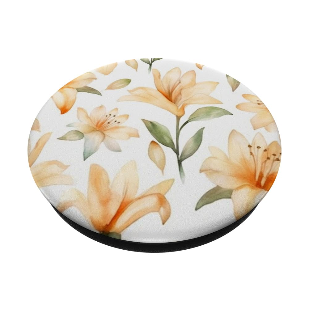 Lily Flower Floral Pattern Cute Peach Color Lilies PopSockets Swappable PopGrip, Black - Image 2