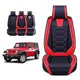 OASIS AUTO Jeep Wrangler JK JL Accessories Seat Covers 2007-2025 Custom Fit 2/4 Door Leather Cover Protector Cushion Unlimited X Rubicon Sahara and More (Front Bucket Pair, RED)