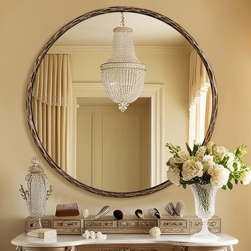 Image of ANDY STAR Hand-Forged Bronze Round Bathroom Mirror, 30 Inch Antique Oil Rubbed Bronze Circular Mirror, Solid Steel Hammered Rounded Mirrors for Wall Decor, Vanity, Washroom, Entry, Fireplace