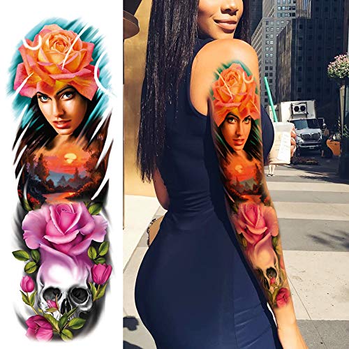 Flower Skull Sleeve Tattoos Stickers, Full Arm Halloween Skull Temporary Tattoos Sleeves, Fake Watercolor Flower Body Art Arm Tattoo For Adult Kids Women Makeup, 8-Sheet #TOP2