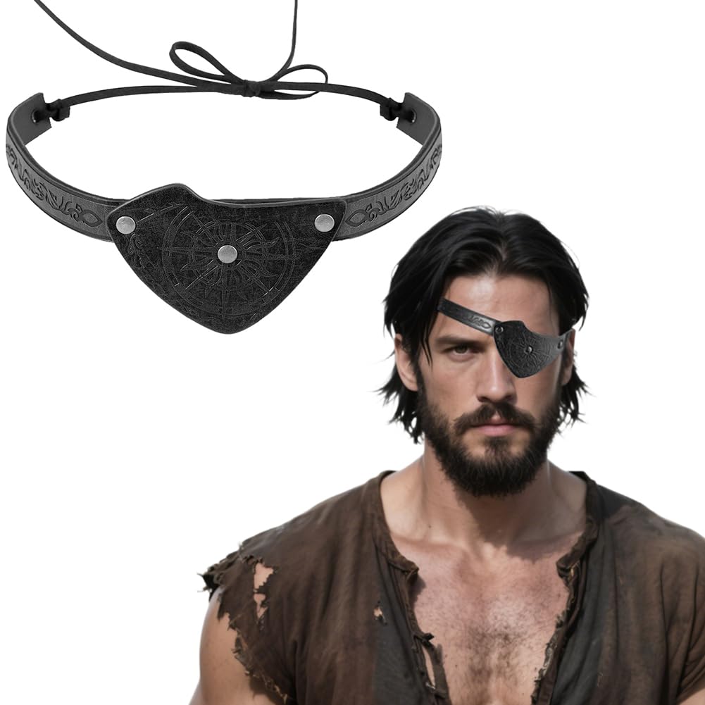 Medieval Embossed Pirate Eye Patches Pirate Eye Patch for Adults Faux Leather Eyes Cover Mask for Left or Right Adjustable Vintage Eyepatch for Viking Halloween Costume Renaissance Cosplay Accessories