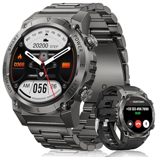 NAIXUES Reloj Inteligente Hombre Militar, 1.46” Smartwatch Hombre con Llamadas Bluetooth, 500mAH IP68 Impermeable 120 Modos Deportivos 24/7 Pulsómetro SpO2 y Sueño, Smartwatch para Android iOS, Negro