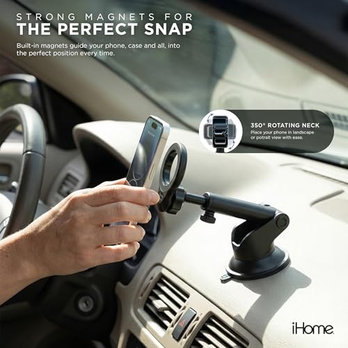 Image of iHome Car Mount, Dashboard /Windshield /Vent Mount, Swivel Neck, Silicone Grip, Adjustable Mount Arm with Suction Cup Base (Magnetic Car Mount)