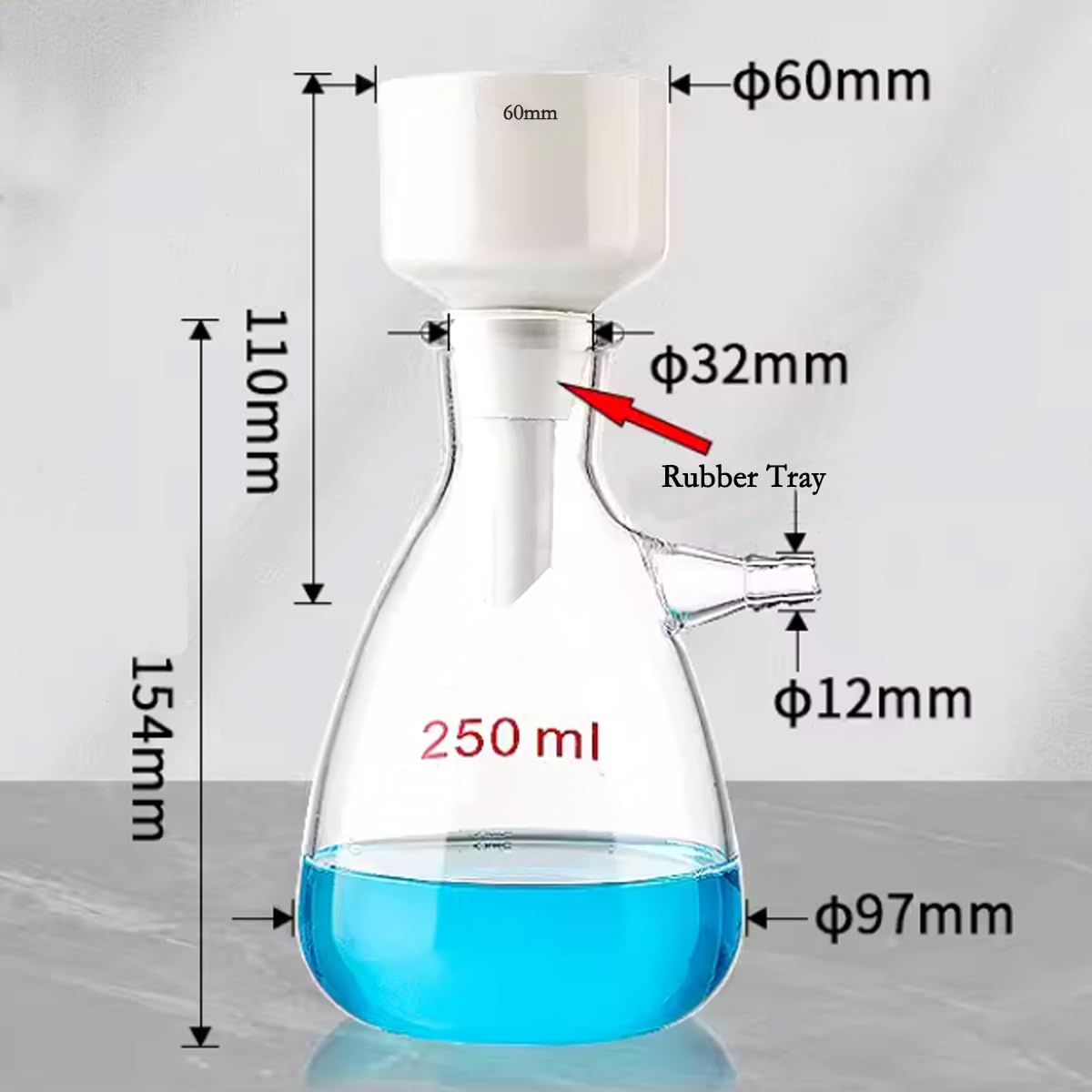 Borraccia Filtrante In Vetro Da Laboratorio 250ml – Con Doppio Tubo 8mm E Adattatore Aspirazione - Foto 2