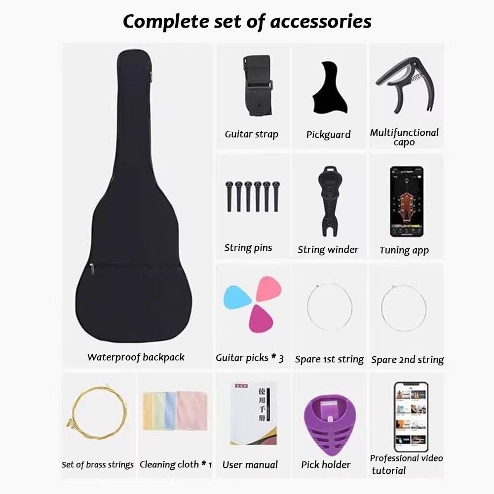 Set Completo Di Chitarra Acustica Classica, Chitarra Da Viaggio Per Principianti Con Custodia Morbida, Accordatore, Corde, Plettri E Video Didattici(White+Black,38 in)