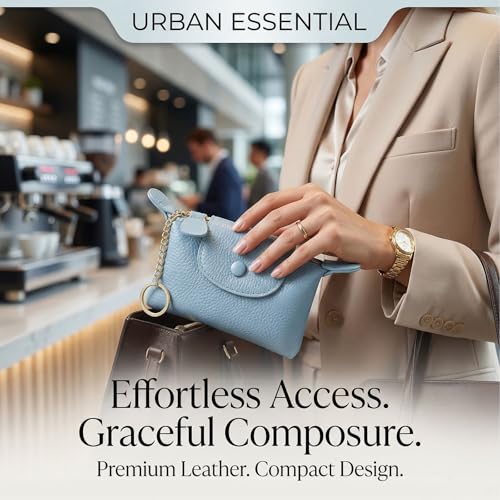 Image of Women's Genuine Leather Mini Coin Purse and Wrist Bag - Coin Organizer, Change Holder, Card Case, Zipper Storage Bag in Water Blue