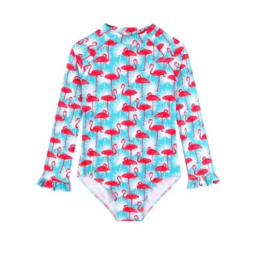 Long Sleeve One Piece Ruffle Swimsuit for Toddler Girls Baby Girl Rashguard Shirt with UPF 50+ Sun Protection Flamingo 4-5T