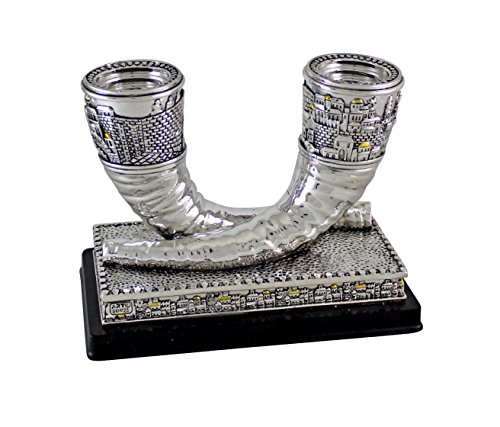 Elegant XL Size Jerusalem Shofar Candlesticks for Shabbat and Holidays Silver Polyresin