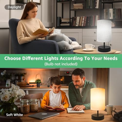Image of DEGNJU Small Bedside Lamp, Mini Minimalist Table Lamp with Round Flaxen Fabric Shade, 9 Inch Desk Reading Lamp for Bedroom, Living Room, Office, 1 Pack