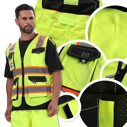 Image of JKSafety Hi Vis Reflective Safety Vests for Men Women High Visibility Vest with Pockets Mesh Fabric Construction Safety Apparel Neon Vest for Work (220-YBlack S)
