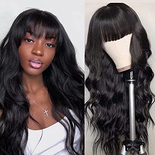 Human Hair Wig with Bang for Black Women Body Wave Wigs with Bangs 130% Density Brazilian Virgin Hair Wigs None Lace Front Wigs Glueless Machine Made Wigs Natural Black Color(20" Body Wave Wigs)