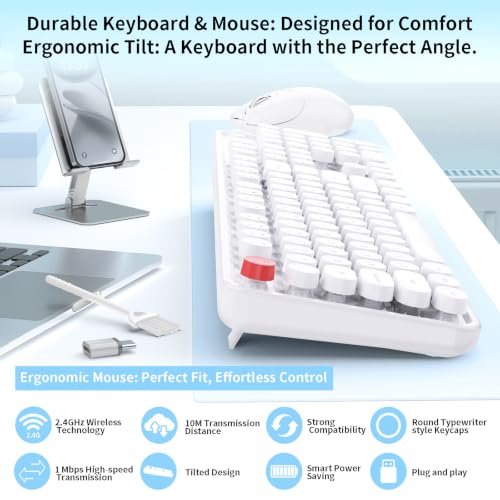 Image of Wireless Keyboard Mouse, MOFII 104 Keys Cute Retro Typewriter White