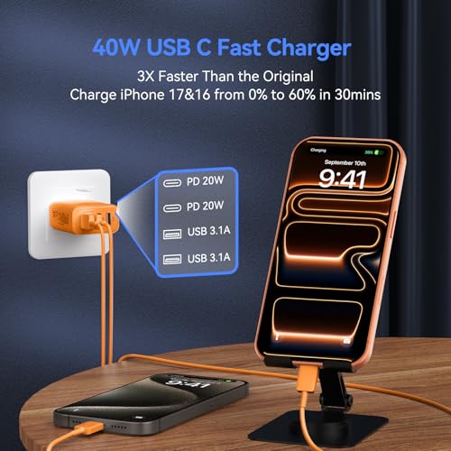 Image of USB C Wall Fast Charger Block, 40W 4-Port Type C Charger Fast Charging Blocks +QC 3.0 USB C Multiport Charger Brick for Phone 17 /16 /15 /14 /13 /12 Pro Max, Pad, Cosmic Orange
