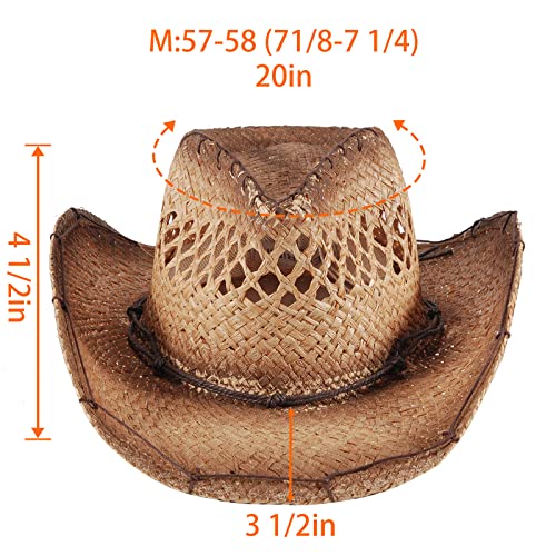 Image of Men's Cowboy Hats Summer Women Beach Cowgirl Hat Raffia Unisex Western Sun Hat