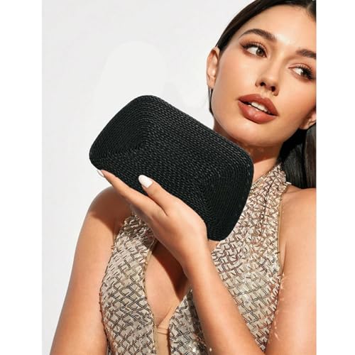 Image of Women Woven Faux Leather Clutch Purse Summer Beach Handbag Woven Evening Bag Stylish Dumpling Bag for Party Casual