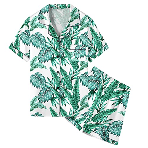 Image of Umeyda Women & Girls Pajamas Set, 2 Piece PJS Satin Silk Sleepwear Button-Down Top with Shorts for Mom Kids Gifts