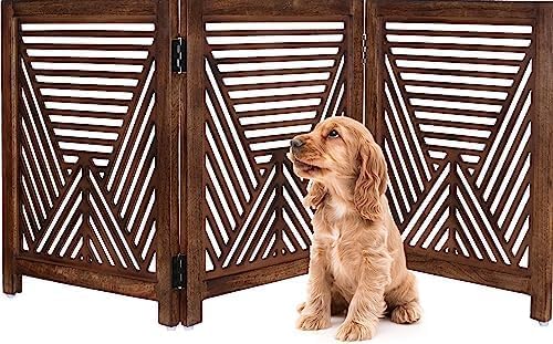 Cosmic Zenart Wooden Freestanding Foldable Safety Gate, Dog Gate for Home, Portable Pet Step Over Fence for Doorway || E Design (3 Panel - Brown)