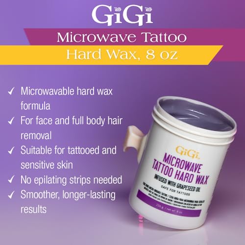 Image of GiGi Microwave Tattoo Hard Wax for Hair Removal - Grapeseed Oil-Infused Safe for Tattoos, No Strips Needed, 8 oz