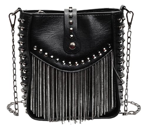 Rungion Trendy Small Purse for Women Vegan Leather Shoulder Crossbody Bag with Chain Y2k Tassel Rivet Handbag Satchels
