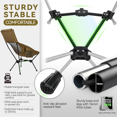 Image of MARCHWAY Lightweight Folding High Back Camping Chair with Head Support, Stable Portable Compact for Outdoor Camp, Travel, Beach, Picnic, Festival, Hiking, Backpacking (Highback Khaki)