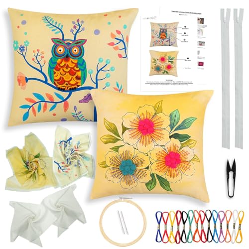 Image of picknMAKE Pack of 2 DIY Cushion Cover Hand Embroidery Kit for Beginners & Adults |Cross-Stitch Pillow Covers with Digitally Printed Designs, Pom-Poms & All Materials Included | 16 inchx16 inch
