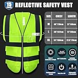 JaGely 15 Pack Reflective Safety Vests with Pockets and Zipper Construction Work High Visibility Vest for Men Women(Large,Fluorescent Green)