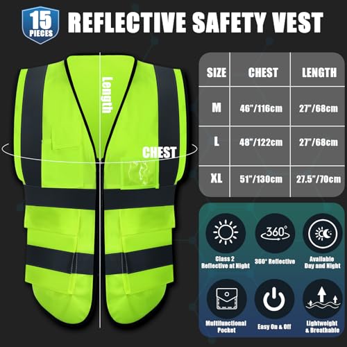 15 Pack Reflective Safety Vests with Pockets and Zipper Construction Work High Visibility Vest for Men Women(X-Large,Fluorescent Green) - Thumbnail 2