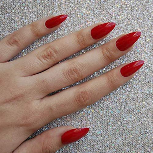 Zehory Glossy Press on Nails Stiletto Fake Nails Red Full Cover Acrylic Long False Nails for Women and Girls (24Pcs) (Red)