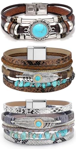 3 Pcs Western Country Jewelry for Women Turquoise Bracelet for Women Boho Leather Layered Bracelet Jewelry for Women Silver Cuff Bangle
