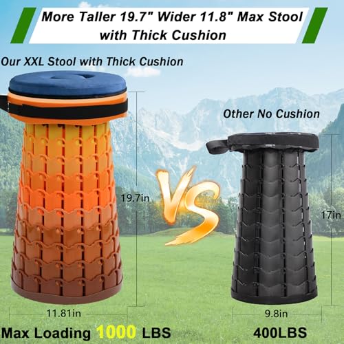 Image of 2026 Upgraded XXL Collapsible Stool with Thick Cushion,19.7 inchH-11.8 inchD Telescoping Folding Stool for Adults, More Sturdy Camping Stools with Load Capacity 1000lbs for Outdoor,Garden,Fishing,Hiking