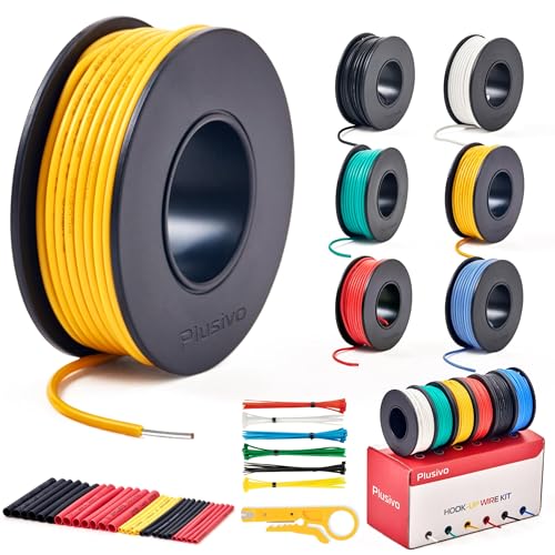 20 AWG Solid Core Wire Kit â€“ 20 Gauge PVC Coated Copper Wires Pre-Tinned 23ft or 7m Each Spool, 6 Colors (Black, Red, Yellow, Green, Blue, White), Jumper Wire Hook Up Wire Kit from Plusivo