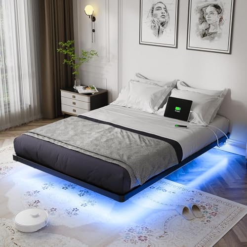 La Mejor Lista de Cama Quinsay Precio para comprar hoy. 47 Cokrsh Base Cama Queen Size Flotante, Base Cama Metal con Luces LED y Estación de Carga, Láminas de Acero de Alta Resistencia, No Requiere Somier, Fácil de Montar