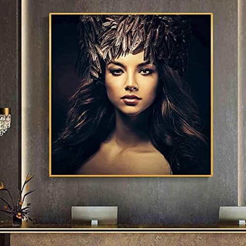 Impression sur toile plume jolie femme œuvre d'art mural moderne 50x50