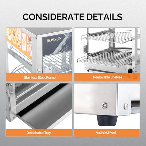 Image of ROVSUN 3-Tier Food Warmer Pizza Warmer Countertop, Commerical Food Warmer Display with LED Lighting Removable Shelves Glass Door, Pretzel Warmer for Buffet Restaurant Cafe, 110V 800W