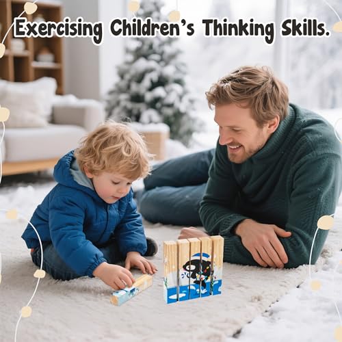 Image of CJiangpo Wooden Winter Chunky Puzzles - 4 in 1 Polar Animals Puzzle Blocks Sensory Toys for Toddlers 2+ Years, Educational and Fun Building Block Stacking Winter Educational Toy Game for Boy Girl