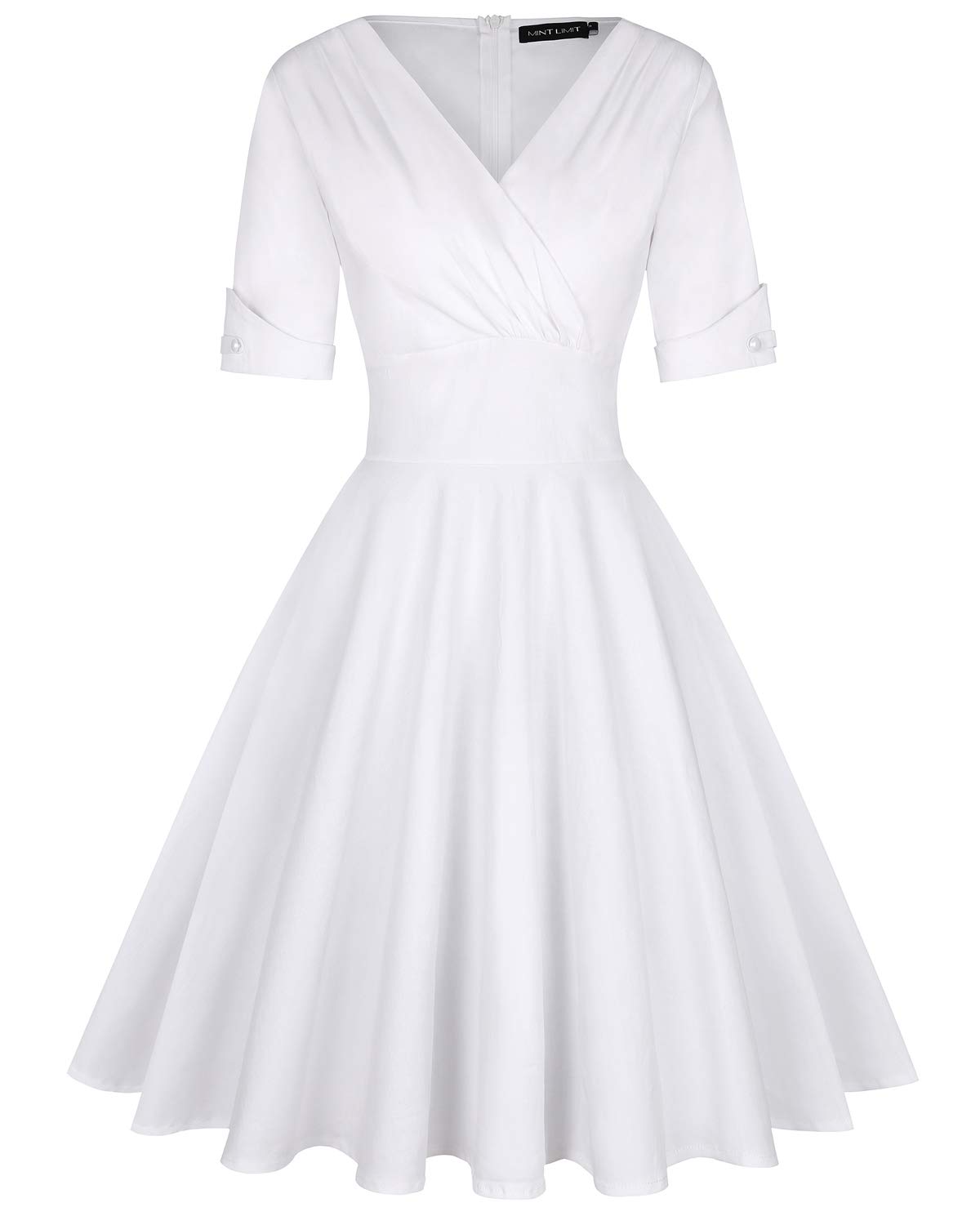 MINTLIMIT Vintage Tea Dress 1950's Floral Spring Garden Retro Swing Prom Party Cocktail Dress for Women (Plain White,Size S)