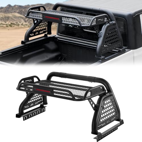 Image of JOYTUTUS Roll Bar with Cargo Basket & Brake Light for Mid-Size Truck, Extendable Chase Rack Pickup Sports Bar Compatible with Tacoma, Gladiator JT
