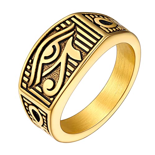 PROSTEEL Vintage Eye Of Horus Rings, Gold Plated/Black Stainless Steel Ankh Ring, Ancient Egyptians Symbol Amulet Protection Jewelry, #7-#14, Come with Box