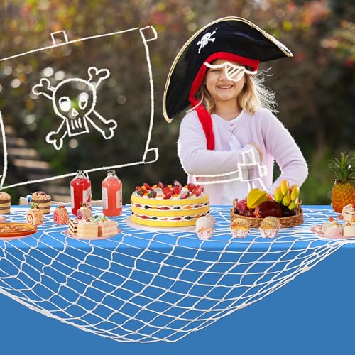 Image of 3 Set 6 Pcs Fish Net and Tablecloth Set,Cotton Fishnet and 3 Blue Color Disposable Plastic Table Cover for Mermaid,Baby Shower,Birthday,Ocean Pirate Under the Sea Party Decorations,54 X 108Inch