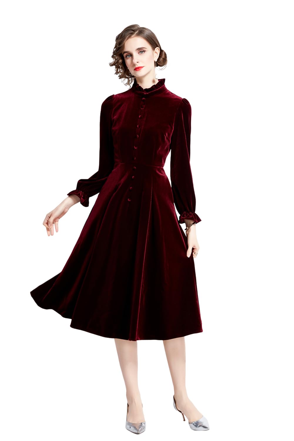 Abito Elasticizzato in Velluto a Maniche Lunghe Donna, Elegante Monopetto con Collo alla Coreana, Longuette a Trapezio per Feste di Natale alla Moda, Wine Red, XXL