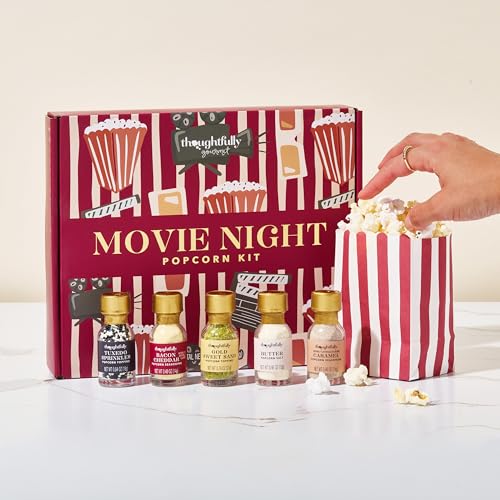 Image of Thoughtfully Movie Night Popcorn Set with Christmas Holiday Band, Includes Yellow & Mixed Popcorn Kernels, 10 Popcorn Bags, 5 Gourmet Seasonings & Toppings, Family Movie Night Gift Basket